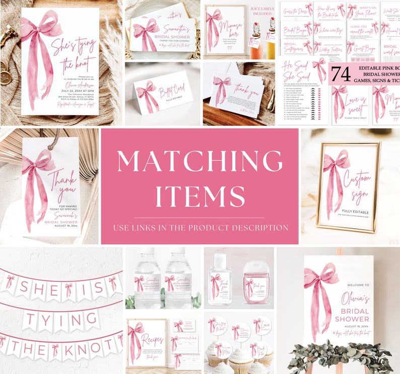 She's Tying the Knot Bridal Shower Mimosa Bar Sign, Pink Bow Mimosa Sign Template, Blush Pink Ribbon Bow Mimosa Bubbly Bar Juice Labels TK1