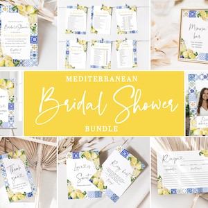 Blue Tiles Lemon Bridal Shower Bundle Mediterranean Bridal Shower Set Editable Amalfi Coast Shower, Bridal Shower Italy Theme Suite M1