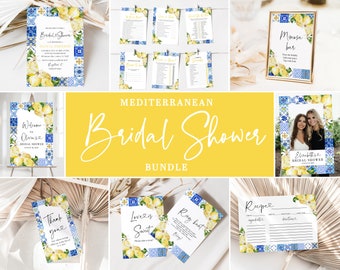 Blue Tiles Lemon Bridal Shower Bundle Mediterranean Bridal Shower Set Editable Amalfi Coast Shower, Bridal Shower Italy Theme Suite M1