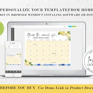 Pu&ograve; includere: Un gioco di baby shower stampabile digitale con un design di limone giallo e bianco. Il gioco si chiama "Indovina l'arrivo di Baby Williams" e presenta un calendario con le date dei mesi di luglio e agosto. Il gioco &egrave; modificabile e pu&ograve; essere scaricato istantaneamente.