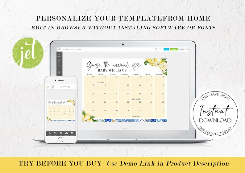 Pu&ograve; includere: Un gioco di baby shower stampabile digitale con un design di limone giallo e bianco. Il gioco si chiama "Indovina l'arrivo di Baby Williams" e presenta un calendario con le date dei mesi di luglio e agosto. Il gioco &egrave; modificabile e pu&ograve; essere scaricato istantaneamente.