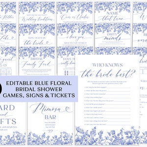 Editable Blue Floral Bridal Shower Games, Vintage Botanical Bridal Shower Game Bundle Printable Blue Victorian Bridal Party Games Package B3