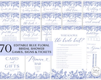 Editable Blue Floral Bridal Shower Games, Vintage Botanical Bridal Shower Game Bundle Printable Blue Victorian Bridal Party Games Package B3