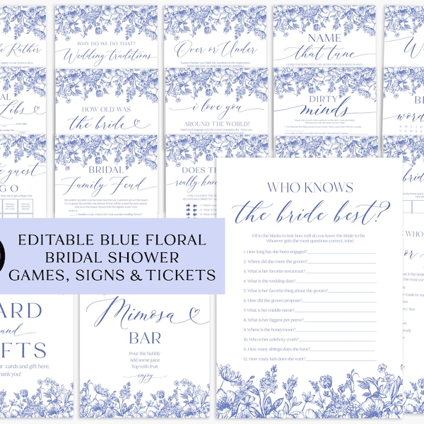 Jeux de douche nuptiale floraux bleus modifiables, lot de jeux de douche nuptiale botaniques vintage, lot de jeux de fête nuptiale victorienne bleu imprimable B3