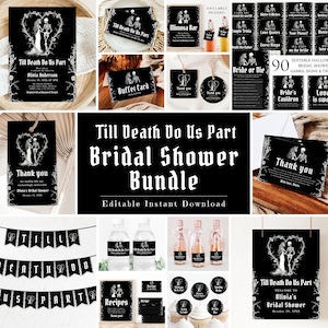 Halloween Bridal Shower Invitation Bundle, Editable  Black Till Death Do Us Part Gothic Floral Skeleton Bridal Shower and Games Bundle H2