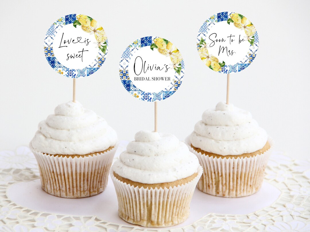 Editable Blue Tiles and Lemons Bridal Shower Cupcake Toppers, Printable
