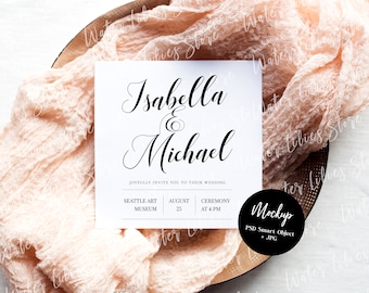 Boho Beige Square card mockup, Square Wedding Invitation Mockup, Square Greeting Card Mockup, Square blank Papeteria Card Mockup