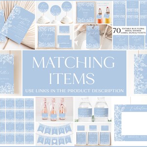 May include: A set of 70 printable bridal shower party decorations in a blue floral design. The set includes games, signs, and tickets. The text on the image reads "Editable Blue Floral Bridal Shower Games, Signs & Tickets".