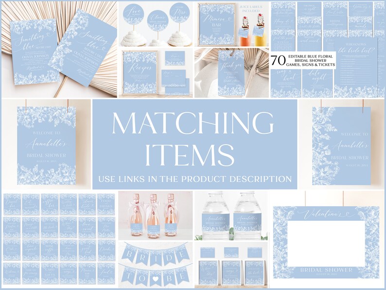 May include: A set of 70 printable bridal shower party decorations in a blue floral design. The set includes games, signs, and tickets. The text on the image reads "Editable Blue Floral Bridal Shower Games, Signs & Tickets".