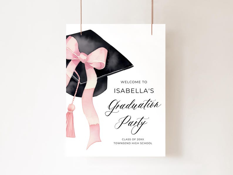 Pink Bow Graduation Cap Graduation Welcome Sign, Class 2025 Graduate Pink Coquette Grad Party Poster, High School Grad Party Welcome Sign G1