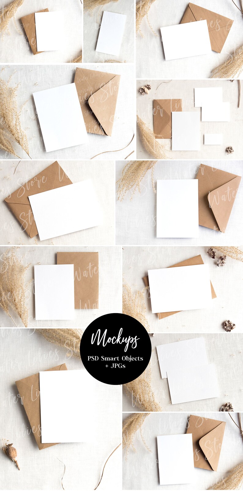 May include: Mockup of a blank white card with a brown envelope on a white textured background. The card is surrounded by dried pampas grass and other natural elements. The text "Mockups" is written in black on a white circle. The text "PSD Smart Objects + JPGs" is written in black below the circle.