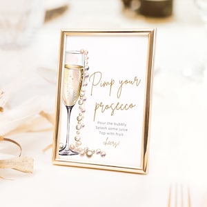 May include: A gold-framed sign with a glass of champagne and a pearl necklace. The sign reads "Pimp your prosecco" and includes instructions to "Pour the bubbly, Splash some juice, Top with fruit, Cheers!"