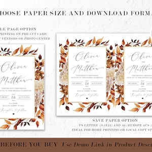 May include: Wedding invitation template with a fall theme. The invitation features a watercolor illustration of autumn leaves in shades of orange, brown, and red, with white flowers. The text reads "Olivia and Matthew" with the wedding date and time.