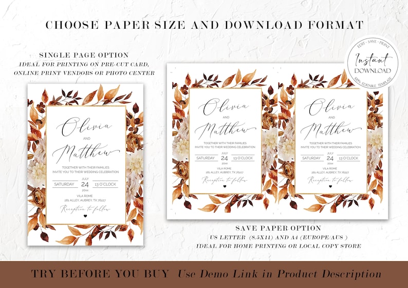 May include: Wedding invitation template with a fall theme. The invitation features a watercolor illustration of autumn leaves in shades of orange, brown, and red, with white flowers. The text reads "Olivia and Matthew" with the wedding date and time.