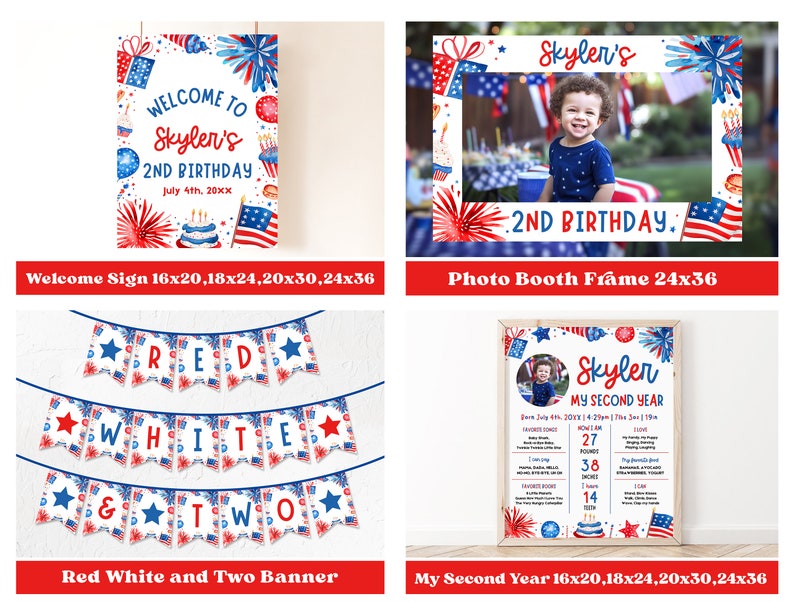 Red White and Two Birthday Invitation Bundle, 4th of July 2nd Birthday ...