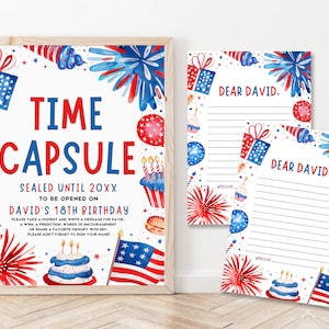 4. Juli 1. Geburtstag Time Capsule Vorlage Rot, Weiß und Blau Buntfarbener Feuerwerker Geburtstagsdeko, 4. Juli-Babyparty-Spiel LF1