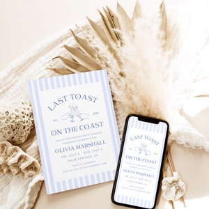 Op de afbeelding: Een blauw-wit gestreepte uitnodiging voor een vrijgezellenfeest met de tekst "Last Toast on the Coast" en de naam van de bruid, Olivia Marshall. De uitnodiging bevat de datum en locatie van het evenement.