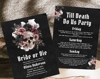 Invitation & itinéraire d'enterrement de vie de jeune fille ou de jeune garçon d'Halloween, EVJF, EVJF, tête de mort floral gothique H3