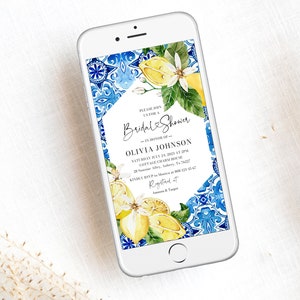 Digital Italian Blue Tile Lemon Bridal Shower Invitation, Mediterranean Bridal Shower Phone Evite, Positano Blue Tile Electronic Invite M2
