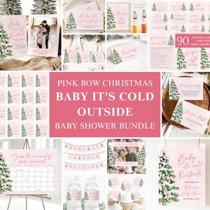 Pink Baby it's Cold Outside Baby Shower Invitation Bundle, Girl Christmas Tree Pink Bow Coquette Winter Holiday Baby Shower Games PH1