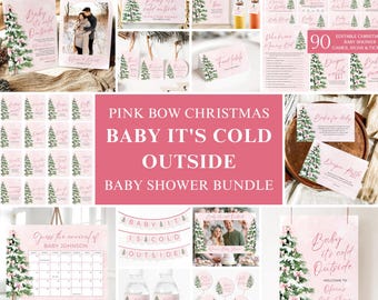 Pink Baby it's Cold Outside Baby Shower Invitation Bundle, Girl Christmas Tree Pink Bow Coquette Winter Holiday Baby Shower Games PH1