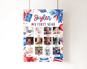 4th Of July 1st Birthday Monthly Milestone Photo Board, Little Firecracker First Year Photo Sign,  Red White Blue 12 Months Photo Poster LF1