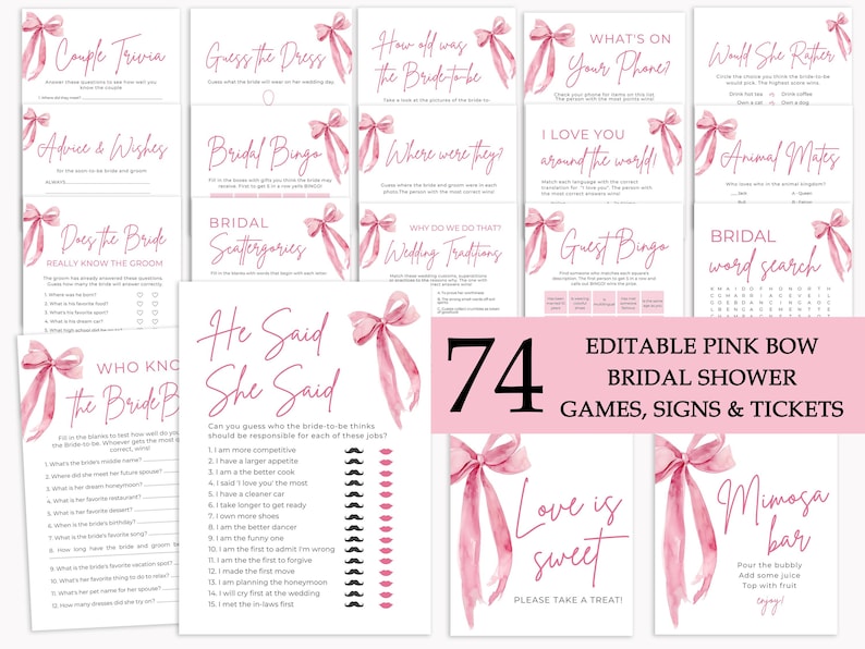 She's Tying the Knot Bridal Shower Games, Pink Bow Bridal Shower Game Bundle, Printable Pink Ribbon Bow Bridal Party Games Package TK1