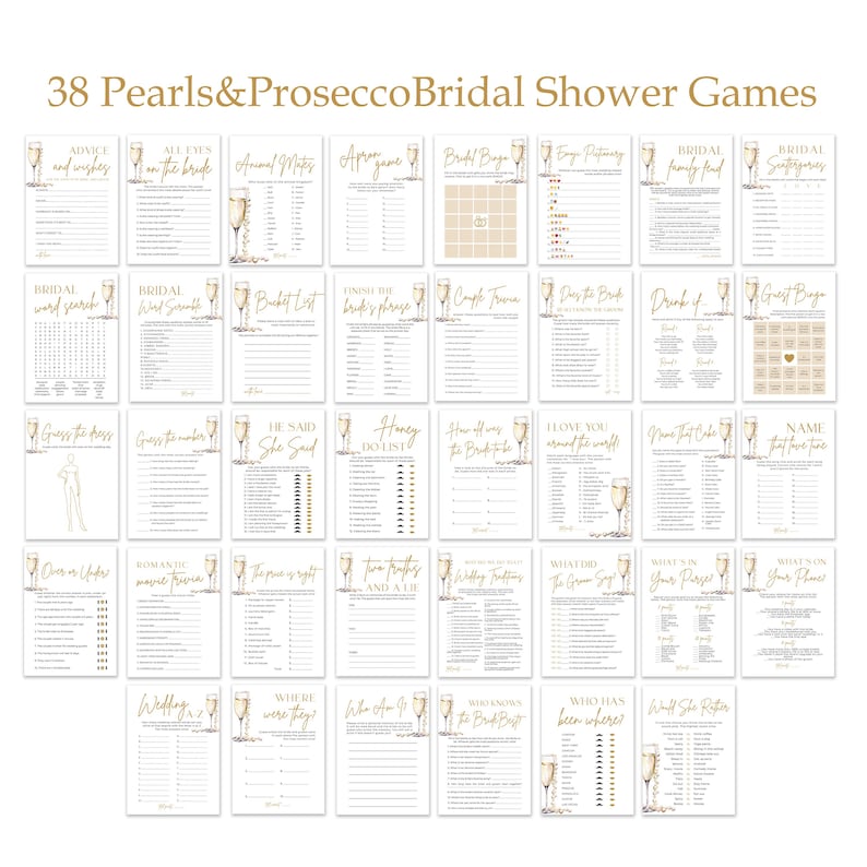 Pearls and Prosecco Bridal Shower Games, Minimalist Pearls & Prosecco Bridal Shower Game Bundle, Printable Bridal Party Games Package PP2 image 2