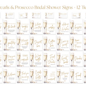 May include: Thirty-seven printable signs for a bridal shower with a prosecco theme. The signs feature a champagne flute with gold accents and floral details. The signs include phrases like "How old was the bride?", "Where were they?", "Love is sweet", "Pop the bubbly", and "Eat, drink, and be married".
