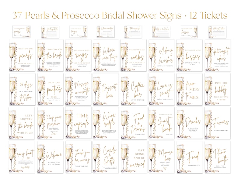 May include: Thirty-seven printable signs for a bridal shower with a prosecco theme. The signs feature a champagne flute with gold accents and floral details. The signs include phrases like "How old was the bride?", "Where were they?", "Love is sweet", "Pop the bubbly", and "Eat, drink, and be married".