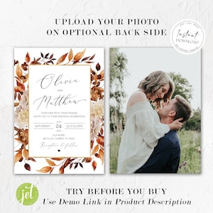 May include: A wedding invitation with a watercolor design featuring fall leaves and flowers in shades of orange, brown, and white. The invitation is for Olivia and Matthew and includes the date, time, and location of the wedding. The text "Reception to follow" is also included.