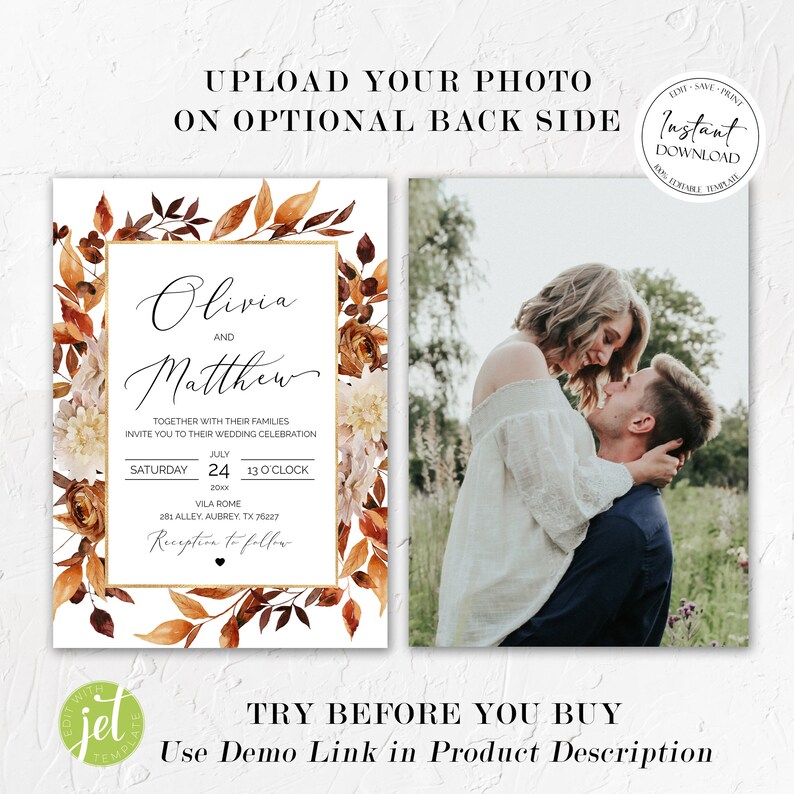 May include: A wedding invitation with a watercolor design featuring fall leaves and flowers in shades of orange, brown, and white. The invitation is for Olivia and Matthew and includes the date, time, and location of the wedding. The text "Reception to follow" is also included.