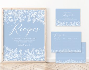 Dusty Blue White Floral Recipe Card, Vintage Floral Bridal Shower Recipe Card Template Printable Bridal Recipe Cards Editable Recipe Card B4