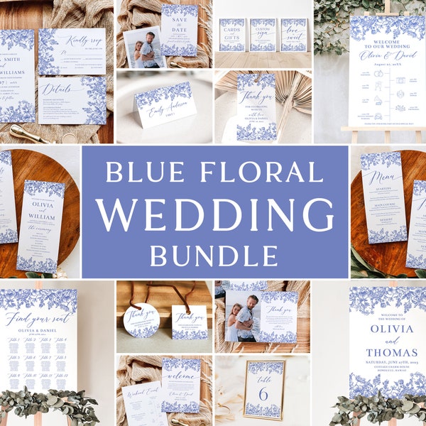 Blue Floral Wedding Bundle, French Vintage Floral Victorian Blue Wedding Invitation Set, Editable Dusty Blue Floral Large Wedding Bundle B3
