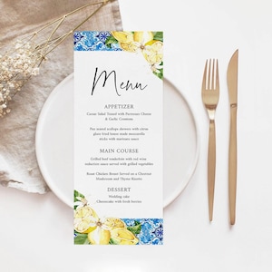 Blue Tiles Lemon Wedding Menu Template, Editable Italian Reception Menu, Mediterranean Bridal Shower Menu Card, Amalfi Coast Dinner Menu W13