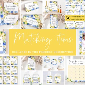Pu&ograve; includere: Un set di decorazioni per baby shower stampabili con un motivo a limone e piastrelle blu e bianche. Le decorazioni includono inviti, biglietti di ringraziamento, etichette per il cibo, giochi e un cartello di benvenuto. Il testo sul cartello di benvenuto recita "Benvenuti alla festa di benvenuto di Olivia".
