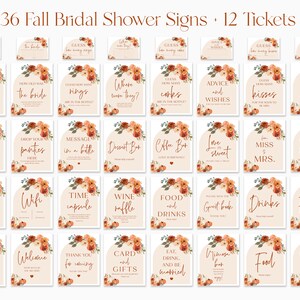 Pu&ograve; includere: Una collezione di 36 cartelli per addio al nubilato a tema autunnale e 12 biglietti. I cartelli presentano composizioni floreali e testo come "Indovina quante zucche", "Consigli e desideri" e "Photo Booth".
