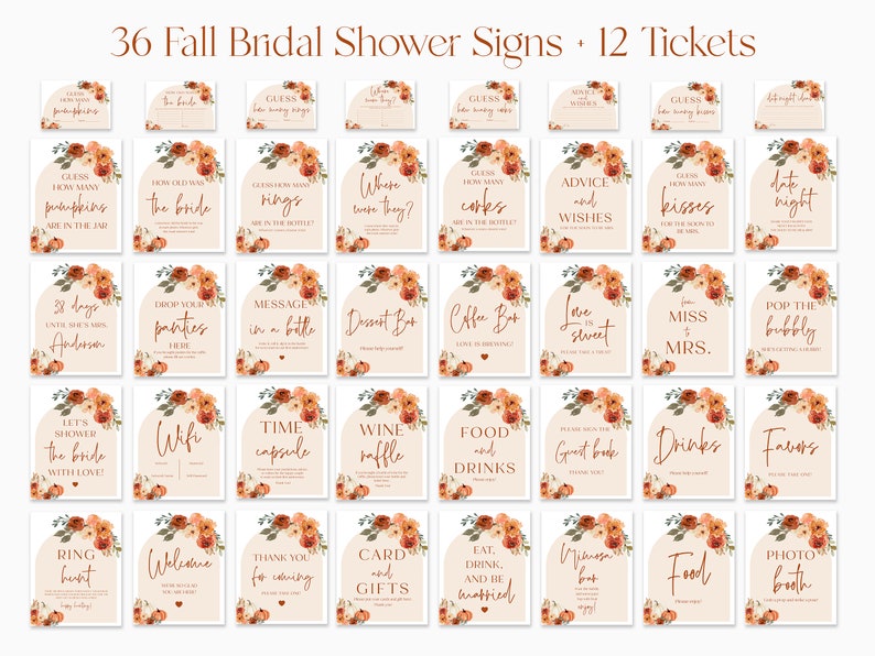 Pu&ograve; includere: Una collezione di 36 cartelli per addio al nubilato a tema autunnale e 12 biglietti. I cartelli presentano composizioni floreali e testo come "Indovina quante zucche", "Consigli e desideri" e "Photo Booth".