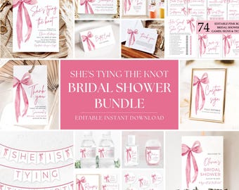 Editable She&#39;s Tying the Knot Bridal Shower Invitation Bundle, Printable Minimalist Pink Bow Bridal Shower Invitation and Games Bundle TK1