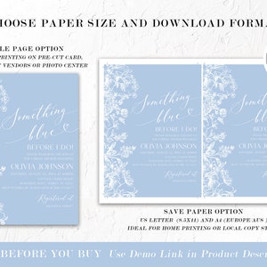 May include: A light blue printable invitation with white floral designs and the text "Something blue before I do!"  The invitation is for a bridal shower or bachelorette party.  The invitation includes the name Olivia Johnson and the text "Registered at"