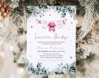 May include: A white baby shower invitation with a pink and green watercolour design. The invitation says "Santa Baby" and includes the date and time of the shower, the location, and the name of the mother-to-be. The invitation also includes a line of baby clothes hanging on a clothesline.