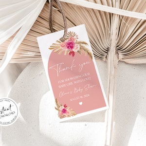 Pink Boho Baby Shower Favor Tag Template Editable Arch Pampas Grass ...
