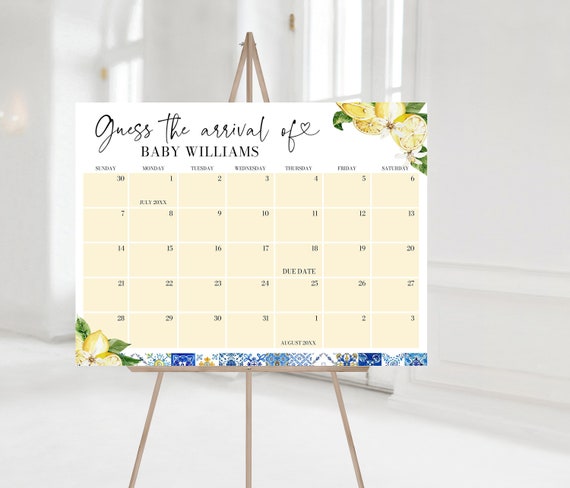Editable Blue Tiles Lemon Baby Due Date Calendar Sign, Mediterranean Guess Baby's Birthday, Italy Amalfi Coast Guess The Arrival Date M5
