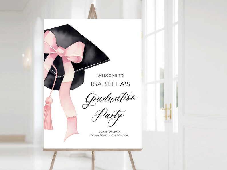 Pink Bow Graduation Cap Graduation Welcome Sign, Class 2025 Graduate Pink Coquette Grad Party Poster, High School Grad Party Welcome Sign G1