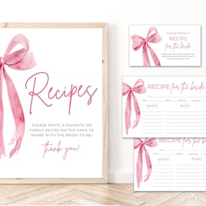 Modèle de carte de recette de douche nuptiale Elle fait le noeud, carte de recette de noeud rose minimaliste, cartes de recettes de cuisine noeud de ruban rose poudré TK1