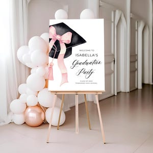 Pink Bow Graduation Cap Graduation Welcome Sign, Class 2025 Graduate Pink Coquette Grad Party Poster, High School Grad Party Welcome Sign G1
