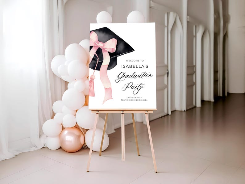 Pink Bow Graduation Cap Graduation Welcome Sign, Class 2025 Graduate Pink Coquette Grad Party Poster, High School Grad Party Welcome Sign G1