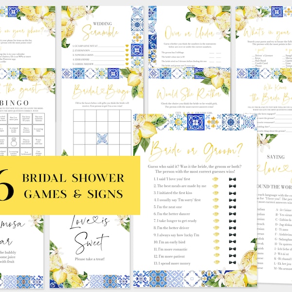 Editable Blue Tile Lemons Bridal Shower Games Template Italian Amalfi Bridal Shower Game Bundle Mediterranean Positano Bridal Shower Game M1