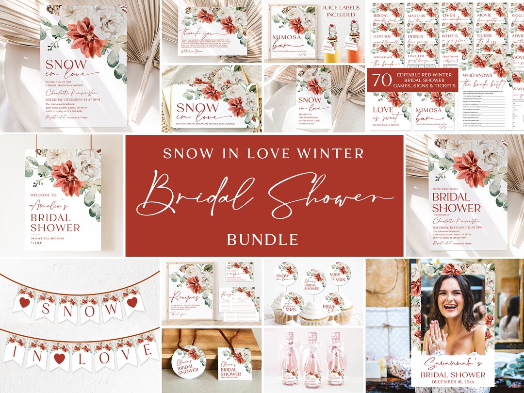 Winter Bridal Shower Invitation Bundle, Printable Red Floral Christmas ...