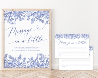 Blue Floral Message in a Bottle Bridal Shower Activity, Victorian Blue Bachelorette Game Printable Blue Vintage Floral Bridal Shower Game B3